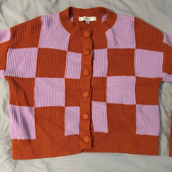 Vibrant Checkered Cardigan in Orange and Purple - Picture 1 of 7